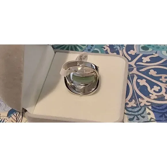 Sparkling Genuine Marcasite & Green Jade Gemstone Wide Band Ring Sz 9 - Picture 3 of 4